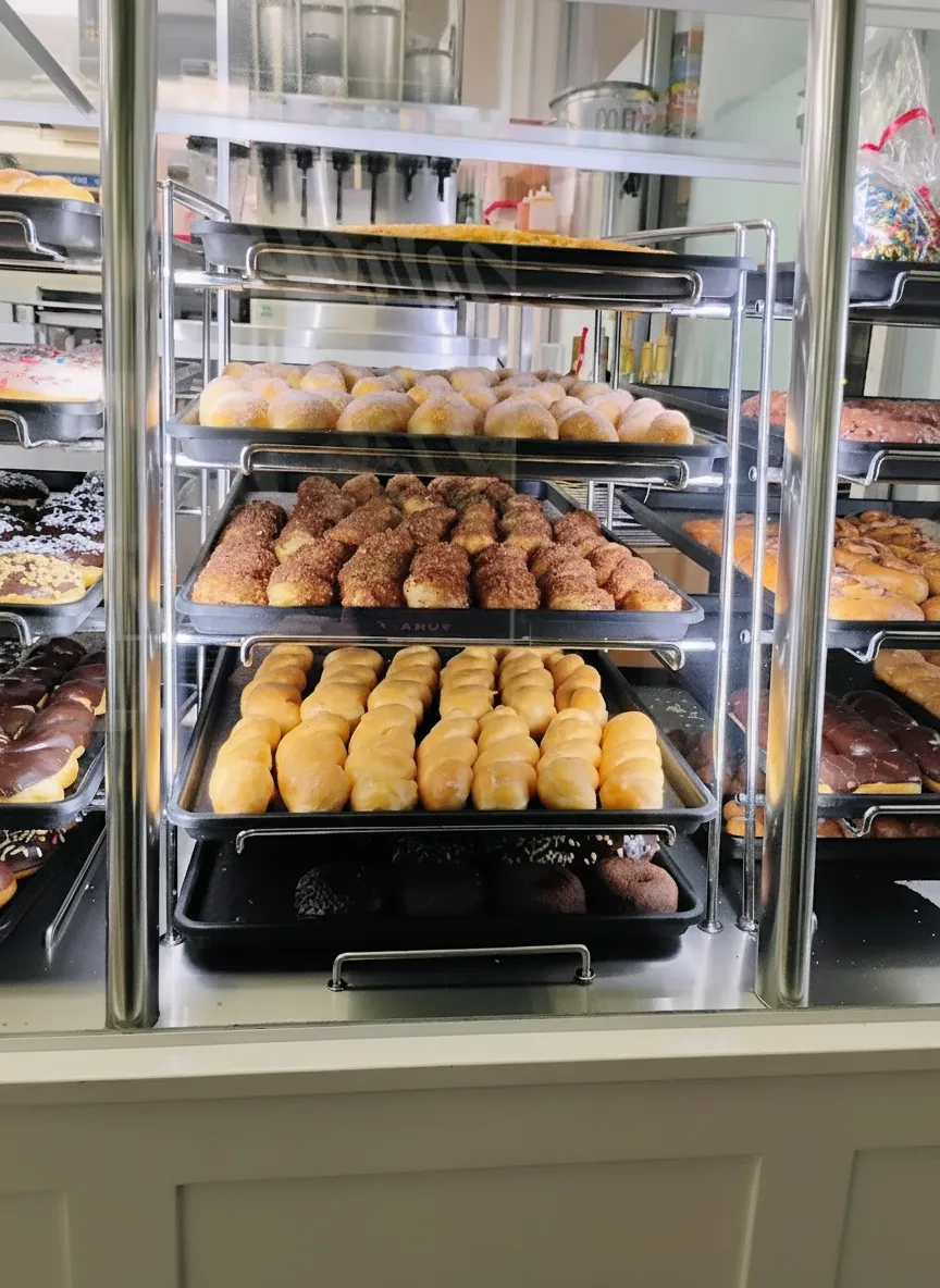 Yum Yum Donuts display case filled with fresh glazed and specialty donuts