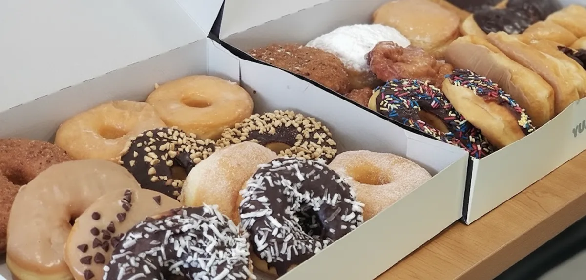 Specialty donuts on display at Yum Yum Donuts Blossom Hill