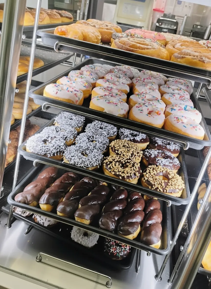 Fresh donuts in the display case at Yum Yum Donuts
