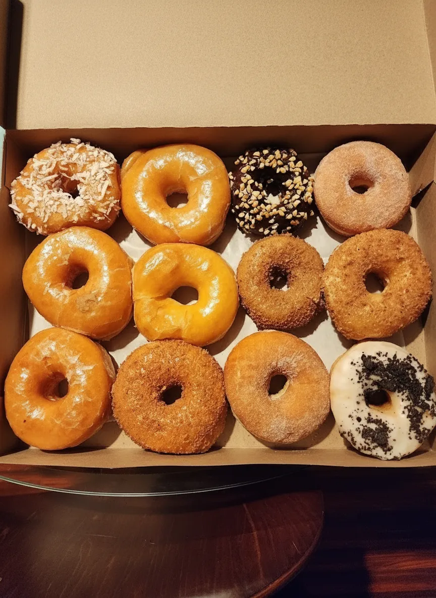 Colorful glazed donuts at Yum Yum Donuts